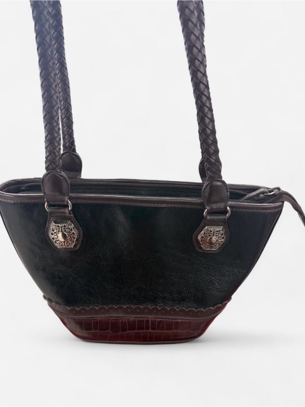 Elka Black & Brown Leather Handbag Woven Straps with Silver Accents Tote Bag